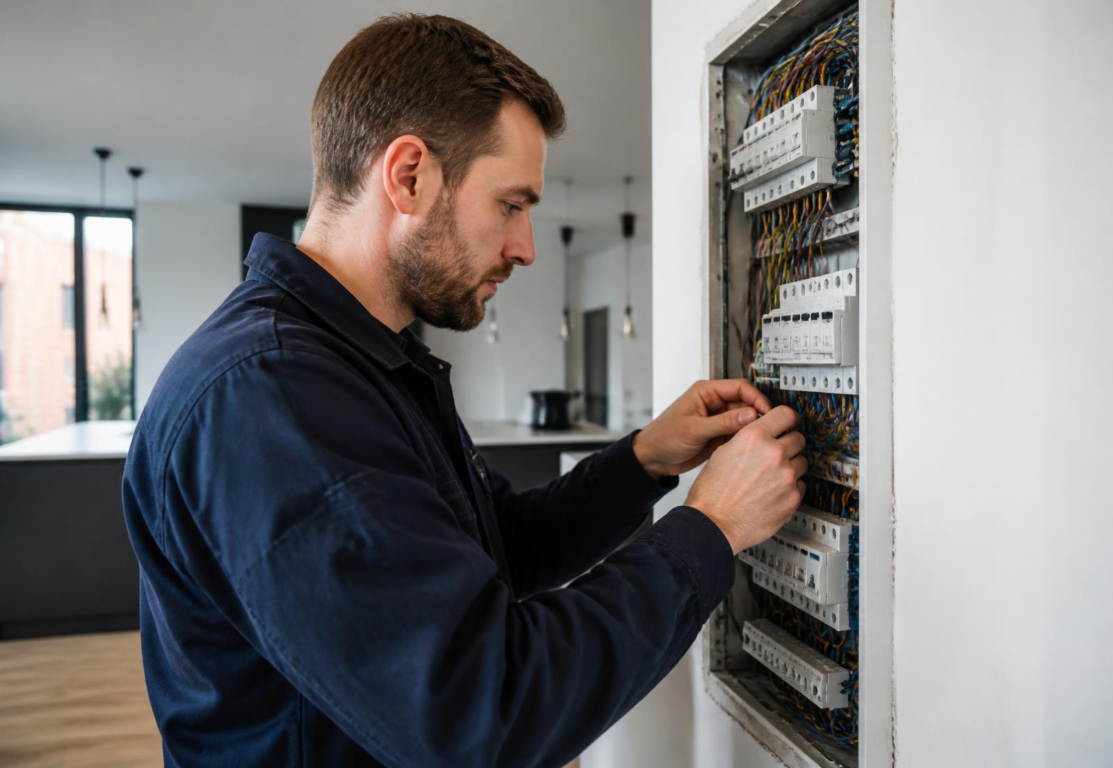 Électricien intervenant sur un tableau électrique moderne